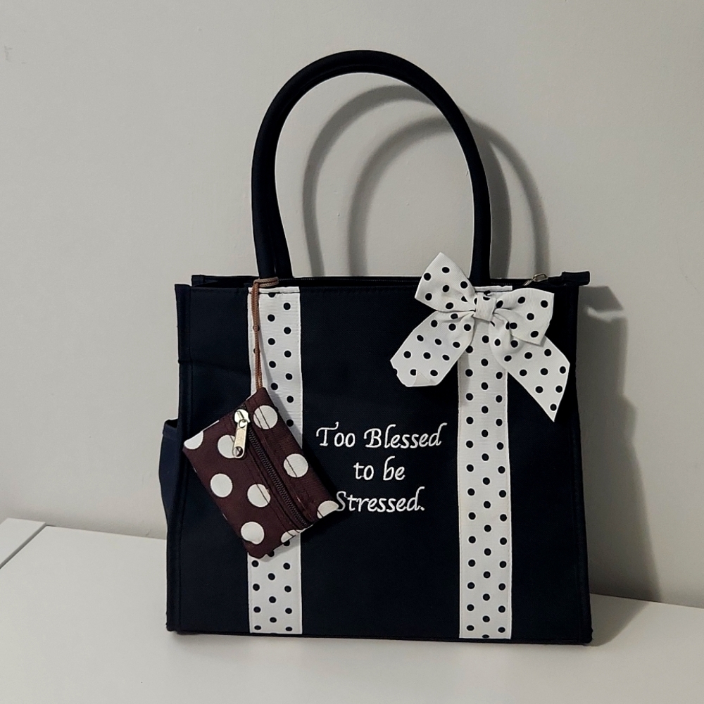 MWW Market 'Too Blessed To Be Stressed' Blk Tote Bag, Purse Polka Dot Ribbon